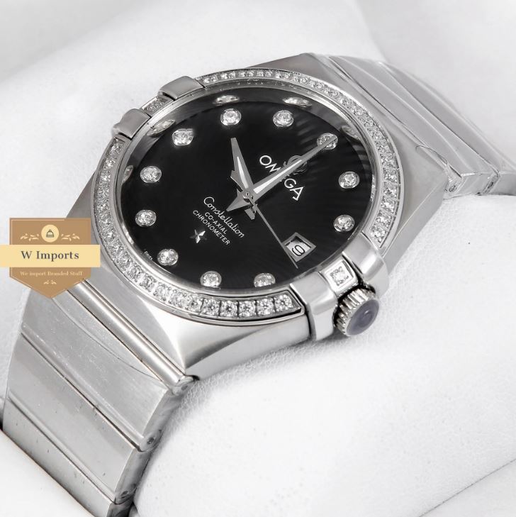 Latest Collection Silver Stainless Steel With Black Dial Stone Figure & Bezel Watch (OME GA)