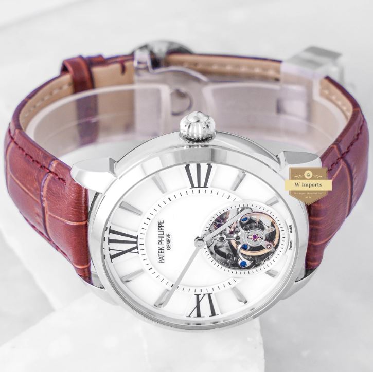 Latest Collection Tourbillon Silver Case With White Dial & Leather Strap Watch (PATEK PHILIPPE)