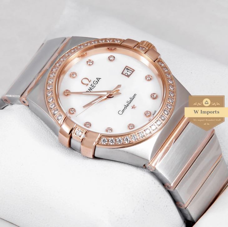 Latest Collection Two Tone Rose Gold With White Dial Stone Figure & Bezel Watch (OME GA)