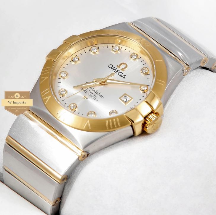 Latest Collection Two Tone Yellow Gold With Silver Dial & Stone Figure Watch (OME GA)