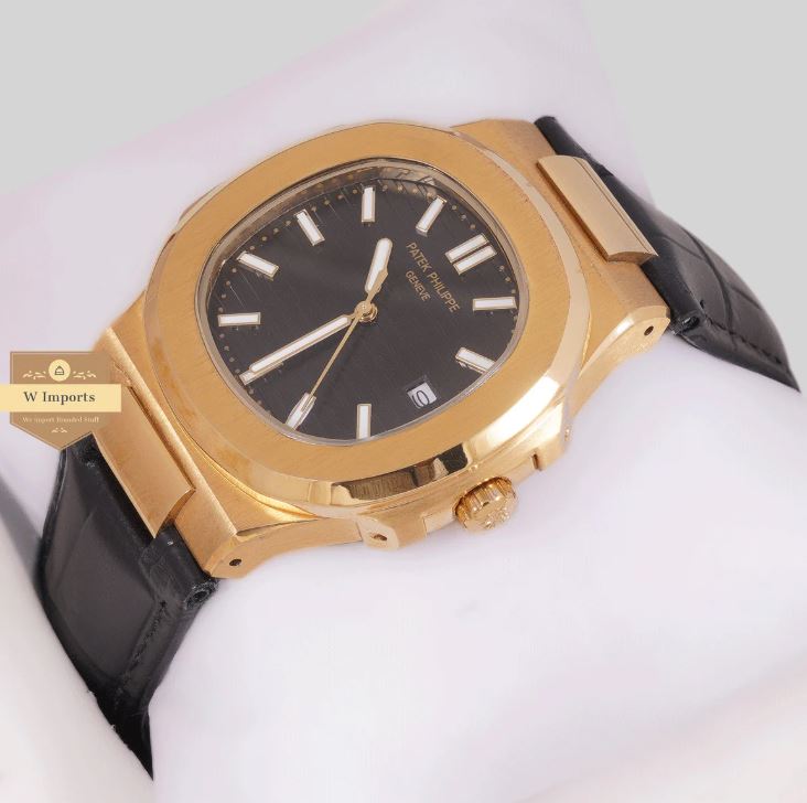 Latest Collection Yellow Gold Case With Black Dial & Leather Strap Watch (PATEK PHILIPPE)