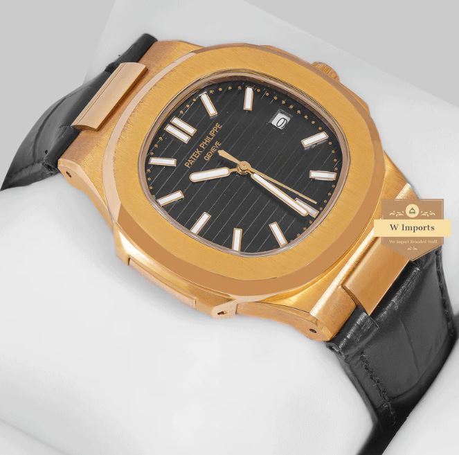Latest Collection Yellow Gold Case With Black Dial & Leather Strap Watch (PATEK PHILIPPE)