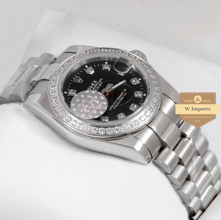 Latest Ladies Collection 31 Silver With Black Dial Stone Bezel Automatic Watch (RO LEX)