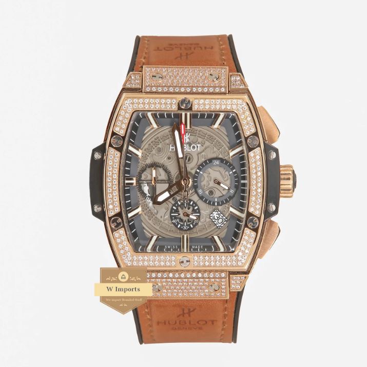 Latest Spirit of Collection Chronograph Rose Gold Stone Bezel & Grey Dial With Brown Leather Strap Watch (HUB LOT