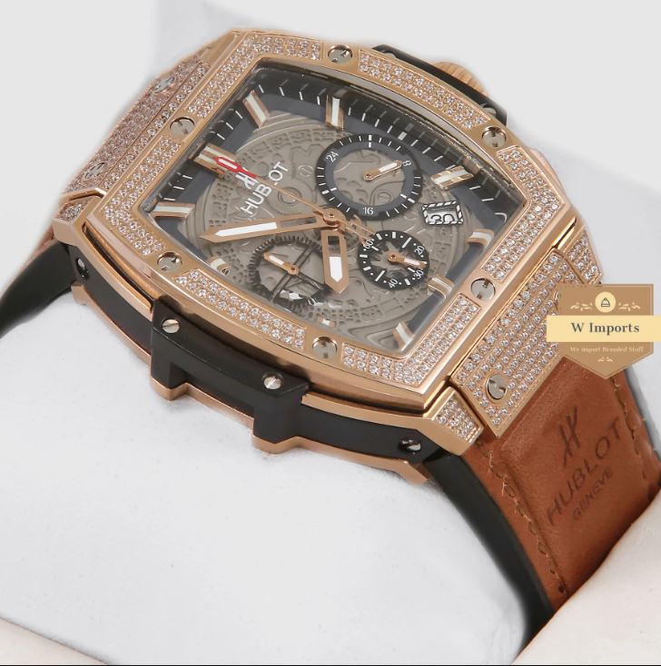 Latest Spirit of Collection Chronograph Rose Gold Stone Bezel & Grey Dial With Brown Leather Strap Watch (HUB LOT