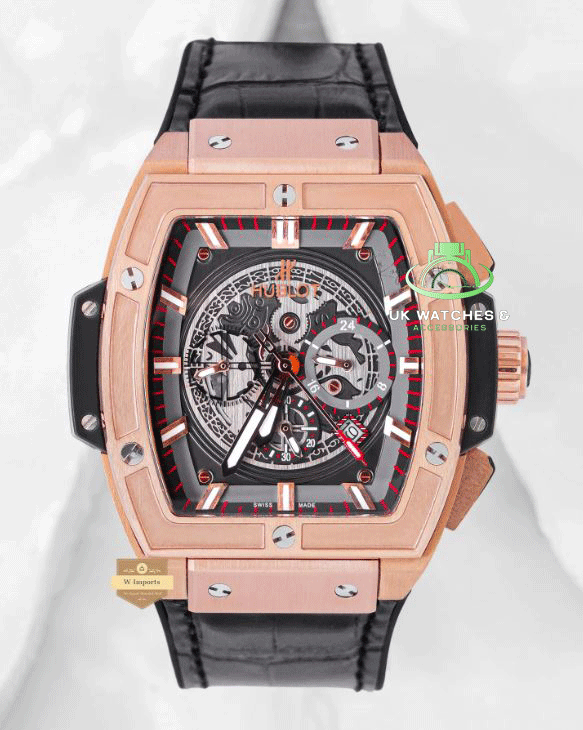 New Arrival Chronograph Rose Gold Case With Skeleton Dial Leather Strap Watch (HUB LOT)